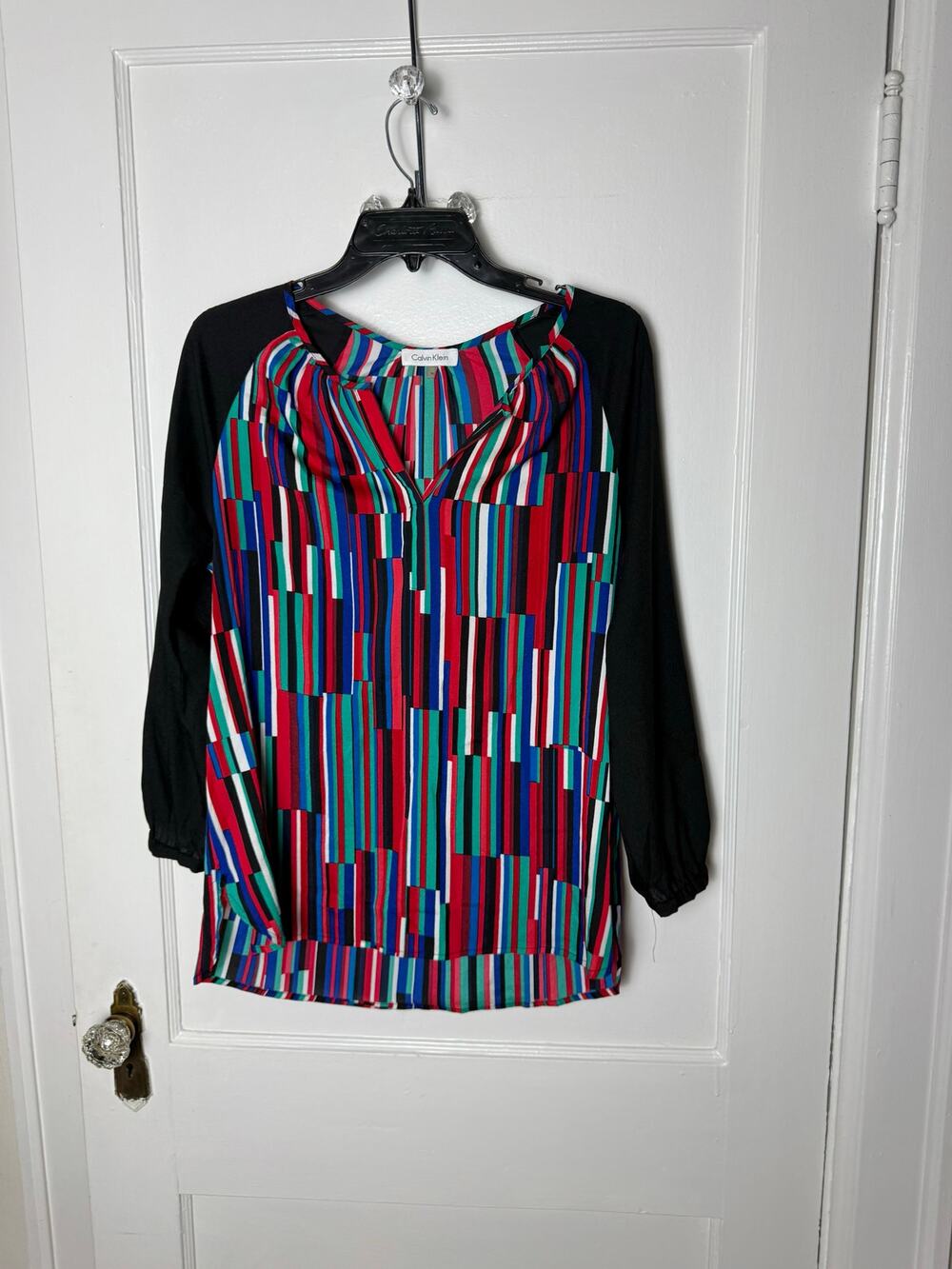 Calvin Klein Tunic Blouse M Multicolor Geometric Stripe Black Mod Artsy Top